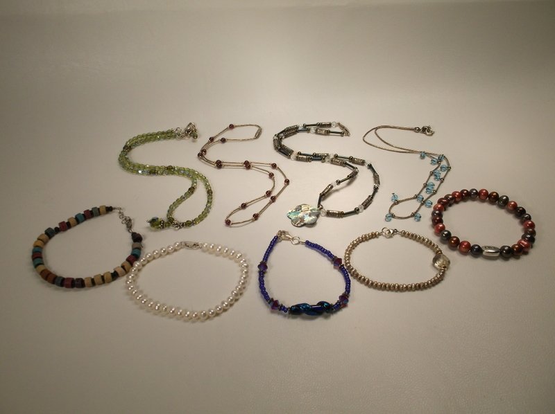 9 Gemstone Bracelets Necklaces Lot w Sterling Silver: 9 Gemstone and Beaded Bracelets and Necklaces Lot, all items have sterling silver clasps and or sterling silver beadwork, all are nice and ready to wear.