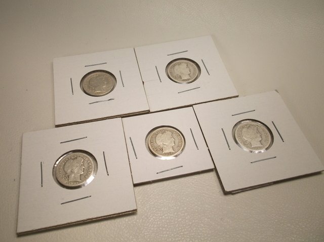 5 US Silver Barber Dimes Various Years: .