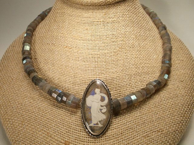 Art Nouveau Sterling Silver Abalone Lady Necklace: beautiful antique necklace, signed sterling england, very nice