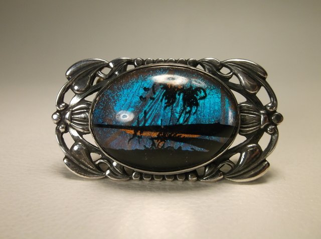Antique Hoffman Sterling Silver Butterfly Wing Brooch: stunning brooch blue hue is from the blue morpho butterfly wing embeded in the brooch