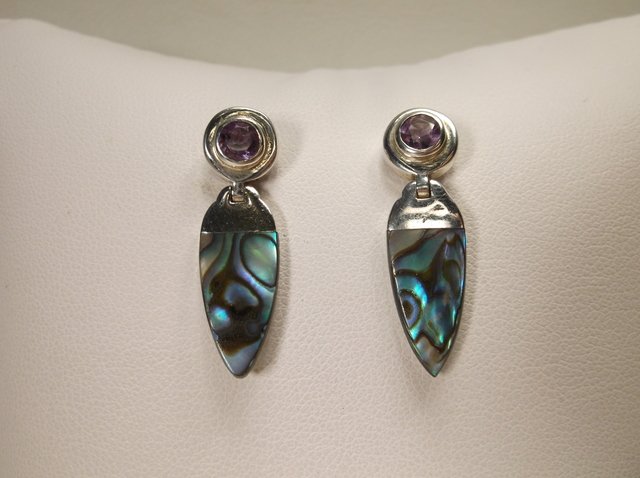 Nice Sterling Silver Amethyst Abalone Earrings: .