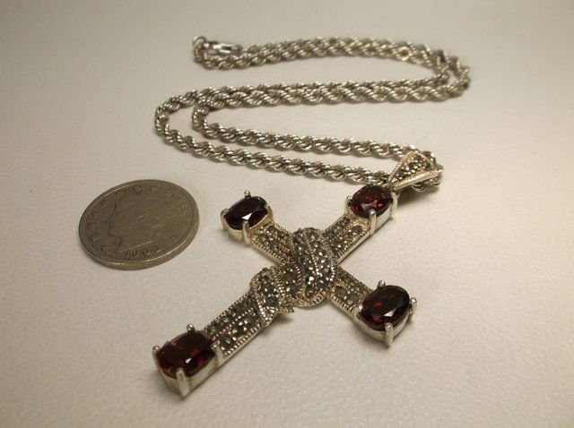 Beautiful Heavy Sterling Silver Garnet Cross Necklace (1 of 1)