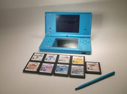 Nintendo DSI Handheld System w 9 Games GIRL: works great, comes with 9 games (Mainly Girl Games), plays nintendo DS games, charger not included, charger can be purchased on amazon for $2-$3