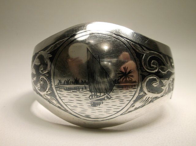 Huge Antique Sterling Silver Sail Boat Cuff Bracelet (1 of 4)