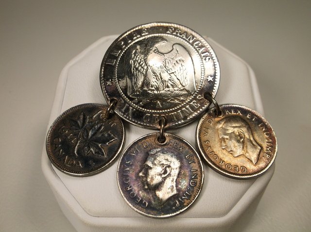 Antique Silver France Coin Brooch: large French coin on top is silver