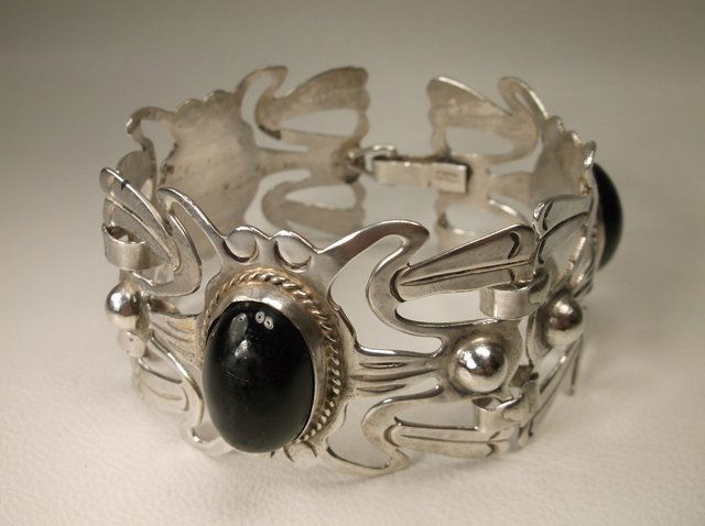Old Sterling Silver Taxco Onyx Bracelet Sup Heavy (1 of 4)