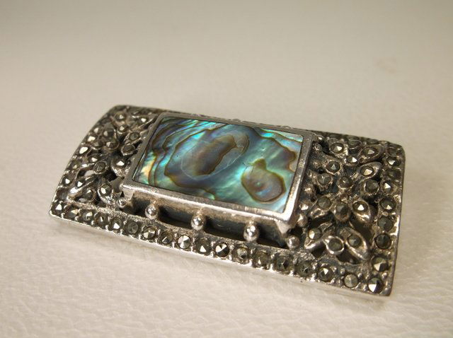 Beautiful Heavy Sterling Silver Abalone Brooch: .