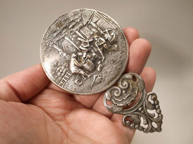 Antique Colonial Scene Hand Mirror Ornate (1 of 2)