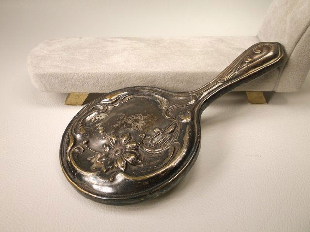 Antique 1800s Sterling Silver Repousse Hand Mirror (1 of 2)