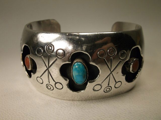HUGE Old Pawn Navajo Sterling Turquoise Coral Cuff (1 of 5)