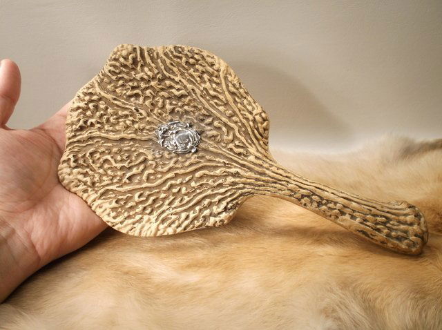 Antique Sterling Silver Badge Antler/Wood Hand Mirror (1 of 4)