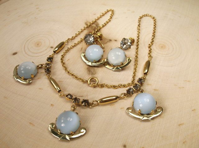 Antique Art Deco 12kt GF Sea Opal Necklace Earrings (1 of 3)