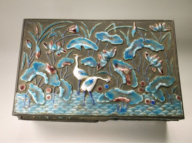 Stunning Antique Enameled Crane & Lotus Box (1 of 6)