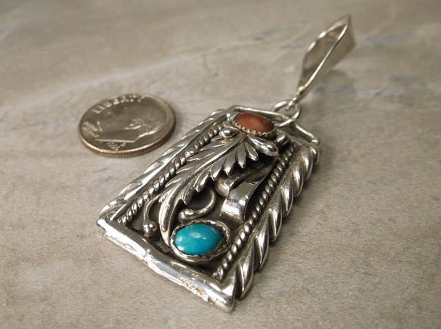 Beautiful Navajo Sterling Turquoise Coral Pendant Heavy (1 of 2)