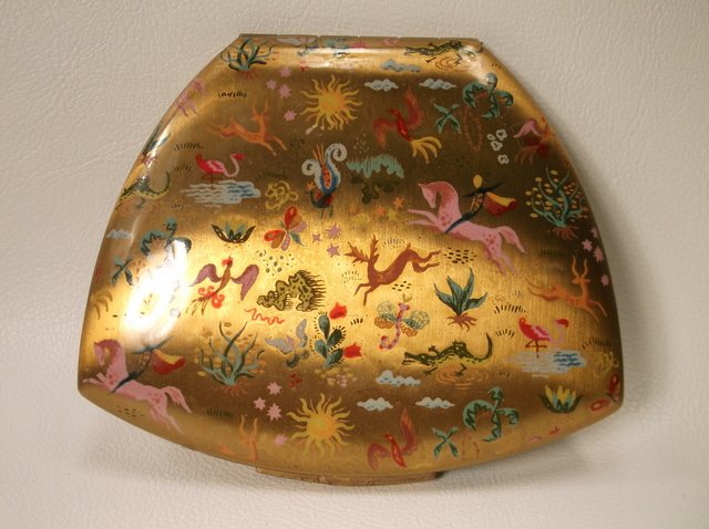 Beautiful Antique British Animal Compact: very ornate, with enameled animals adorning one side