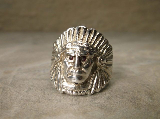 Navajo Sterling 14k Indian Chief Ring 9 PK Ruby Eyes (1 of 4)
