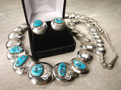 Old Pawn Navajo Sterling Concho Necklace Earrings 36": Incredible Old Pawn Navajo Sterling Silver Turquoise Concho Sand Dollar Necklace and Matching Earrings Set. Crazy Heavy, Stunning Condition, an absolute gem. 30 inches in length