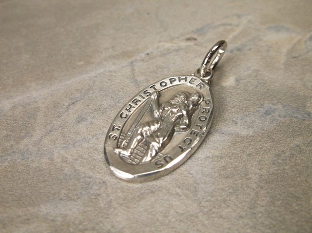 Heavy Antique Sterling Catholic St Christopher Pendant: (: