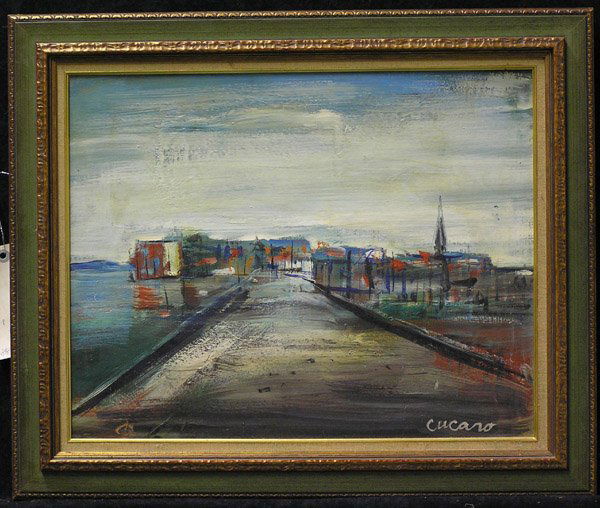Framed Korean folk paintings(3), Choson: Framed oil on canvas, Pier Scene, by Pascal Cucaro (Californian 1915-2004), signed lower right, overall: 20.5''H x 24.5''W