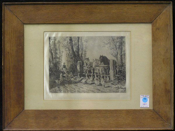 Etching, Shepherdess, Peter Moran: Framed etching on silk, Shepherdess with Flock of Geese and Horses, by Peter Moran (1841-1914) plate signed lower left, overall: 18''H x 24''W