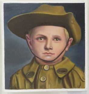 Miniature oil, Robert Sentnor, American: Unframed minature oil on canvasboard, ''Boy in British WWI Uniform'', by Robert Sentnor (American 1953-), overall: 3.5''H x 3.25''W