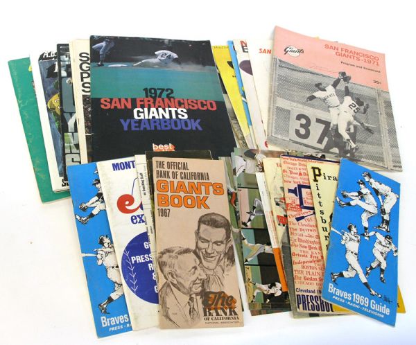baseball souvenir books 1960s-1970s: Lot of several baseball souvenir books 1960s-1970s, including signed Gay Perry SF Giants, 1971 and Juan Marichal, 1969 Dodgers and Oakland A's, together with rosters from Dodgers, Giants and A's
