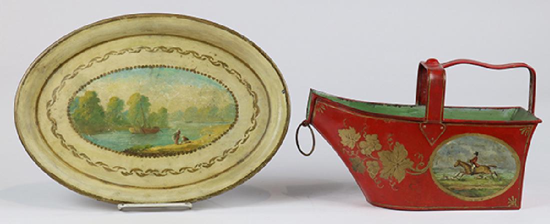 (lot of 2) English tole painted canister and tray (1 of 7)
