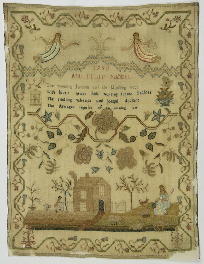 British silk on wool canvas sampler, dated 1790, signed (1 of 4)