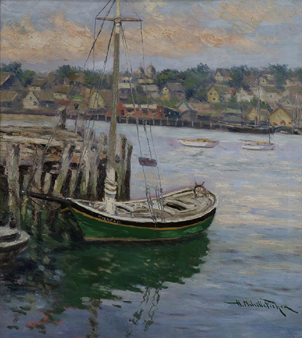 Painting, Hugo Melville Fisher: Hugo Melville Fisher (American, 1878-1946), Fishing Boat at Dock, oil on canvas, signed lower right, sight: 30"h x 27"w, overall (with Newcombe Macklin frame): 38.75"h x 35.5"w