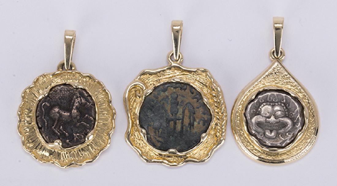 (Lot of 3) Metal coin forms and 14k yellow gold (1 of 2)