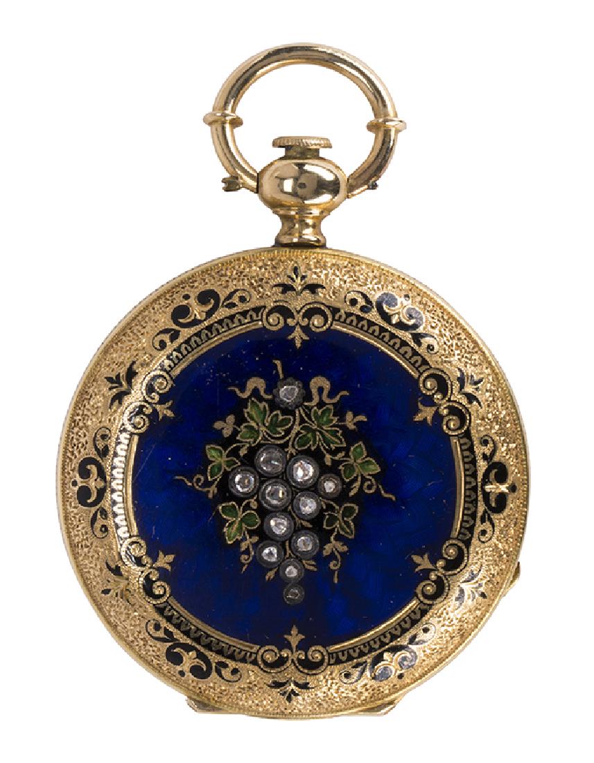 Rose-cut diamond, enamel and 18k yellow gold: Rose-cut diamond, enamel and 18k yellow gold pendant-watch Dial: round, white, black Roman numeral hour markers, black outer minutes track, sunken subsidiary seconds dial at 6:00, blue breguet hands,