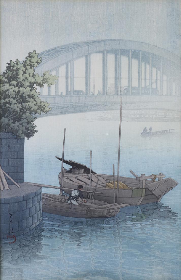 Japanese Woodblock Print, Kawase Hasui: Kawase Hasui (Japanese,1883-1957), 'Fog at Eitai Bridge', woodblock print, lower left with the signature and seal, left margin with the title, dated Showa 12 (=1957), print: approx: 15.5"h x 10.5"w, f