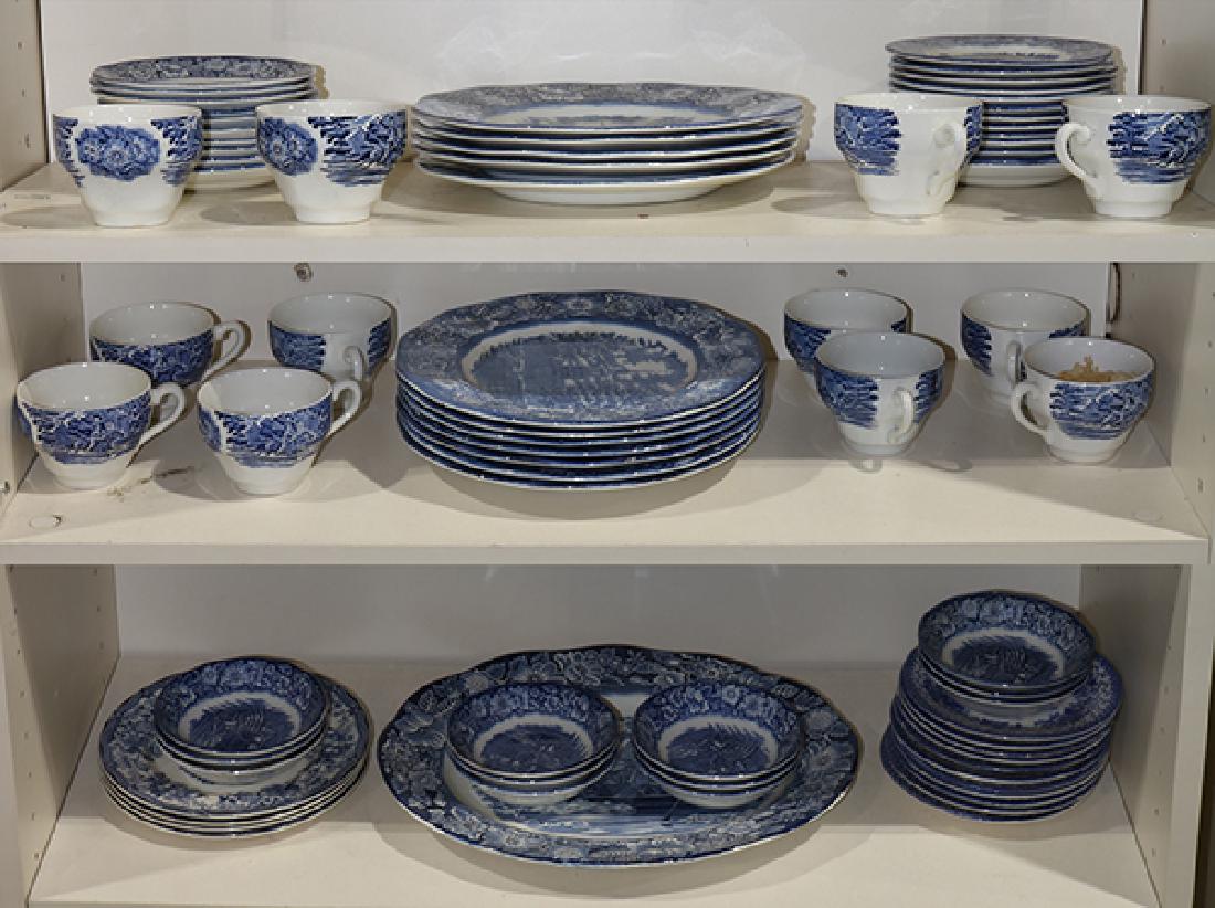 (lot odf 76) Staffordshire stoneware "Liberty Blue": (lot odf 76) Staffordshire stoneware "Liberty Blue" table service, consisting of dinner plates, salad plates, finger bowls, teacups and saucers, and a oval serving platter