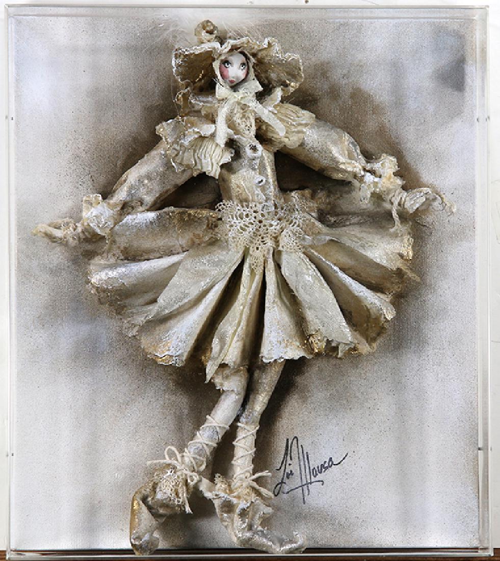 Mixed media, Lori Hlavsa: Lori Hlavsa (American, 20th century), "Paper People," mixed media on canvas, signed lower right, overall (with frame): 16.5"h x 14.5"w x 3.25"