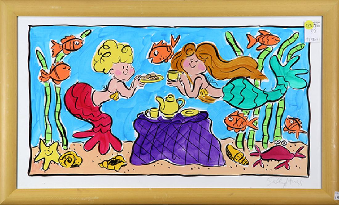 Prints, Sally Huss: (lot of 2) Sally Huss (American, 20th century), Mermaid Tea Time, silkscreens, each pencil signed lower right, largest overall (each framed): 14.5"h x 38.25"w