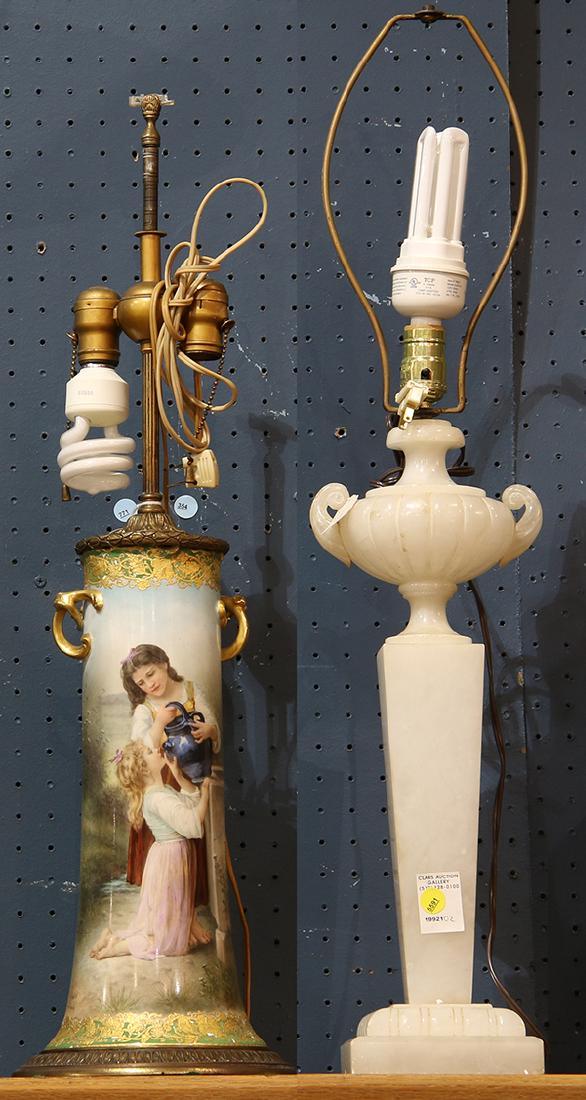 (lot of 2) Table lamp group including a hand-decorated (1 of 1)