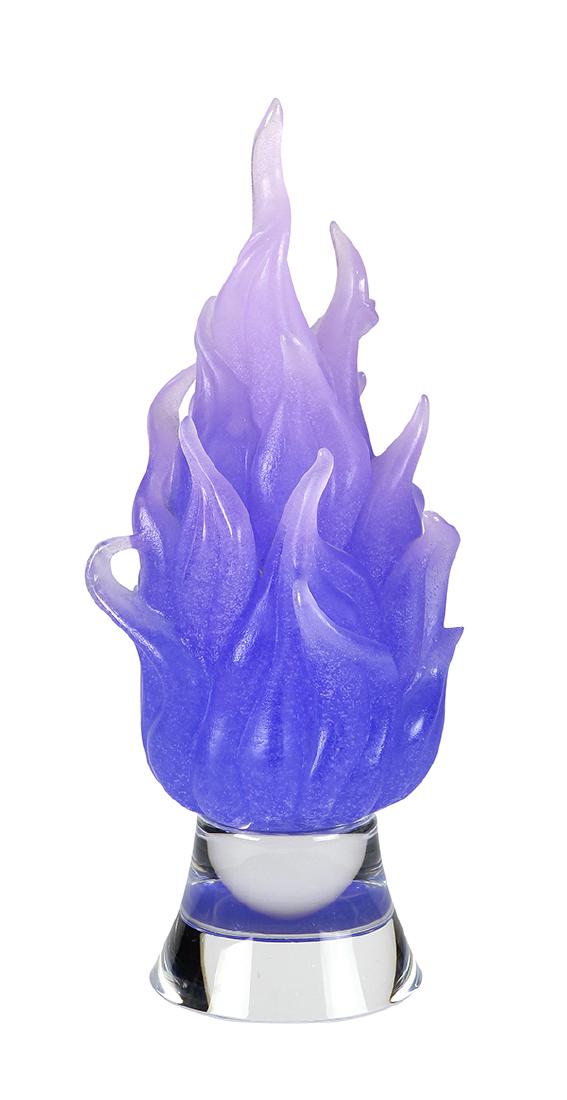 Daum France pate-de-verre art glass torchiere: Daum France pate-de-verre art glass torchiere having pink and purple colored semi-translucent glass with suspended bubbles and molded with undulated flames on a clear glass base 12""h x 9""dia.