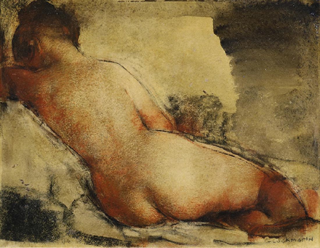 Painting, Grigory Gluckmann: Grigory Gluckmann (American/Russian 1898-1973) Nude Woman mixed media on board signed lower right board: 10.5""h x 13.5""w overall (with frame): 18""h x 21""w