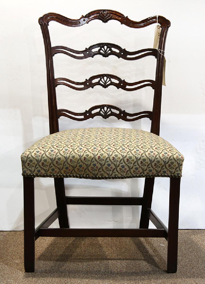 English George III mahogany side chair circa 1770-1775,: English George III mahogany side chair circa 1770-1775 having a pierced ladder back above an upholstered seat and rising on square legs 34""h x 23""w. Property of the Metropolitan Museum of Art Sold t