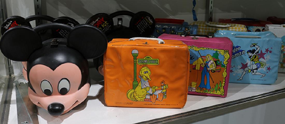 (Lot of 14) Vintage lunch boxes, including Mickey: (Lot of 14) Vintage lunch boxes including Mickey Mouse Sesame Street Holly Hobbie The World of Barbie Wonder Woman Superman II ect.