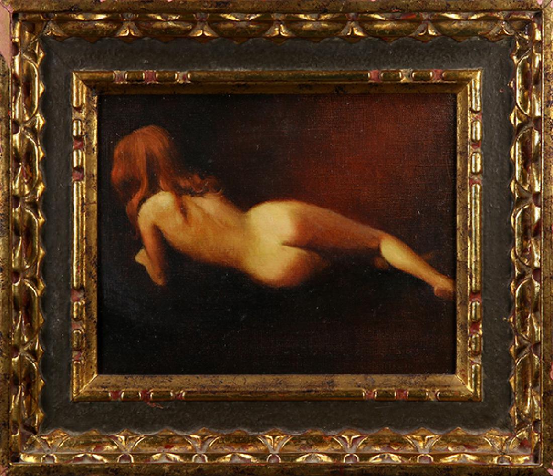 Painting, Reclining Nude: American School (20th century) Reclining Nude oil on canvas unsigned overall (with frame): 12.75""h x 14.75""w