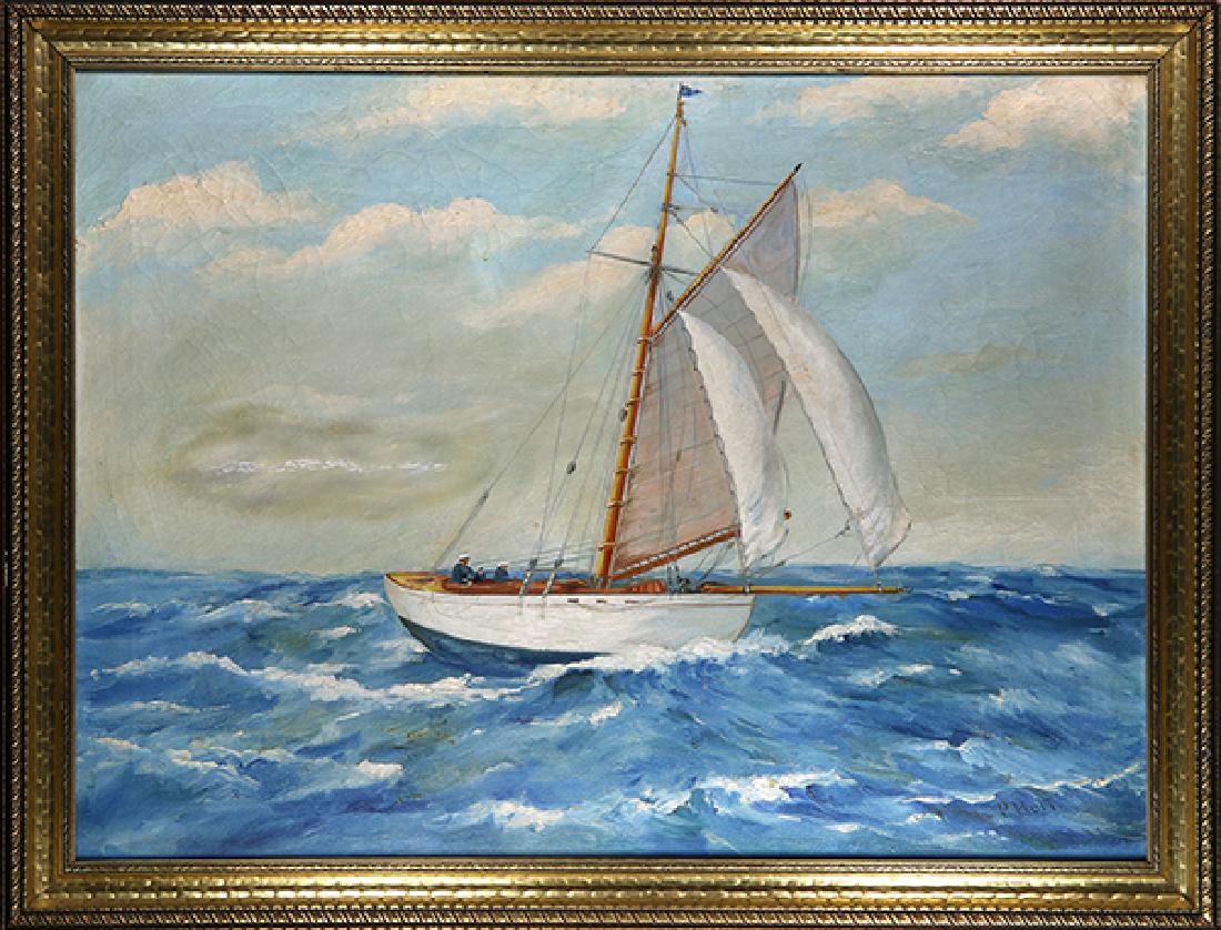 Painting, Yacht Under Sail: Yacht Under Sail oil on canvas signed ""P. Holt"" lower right 20th century overall (with frame): 26.75""h x 34.75""w