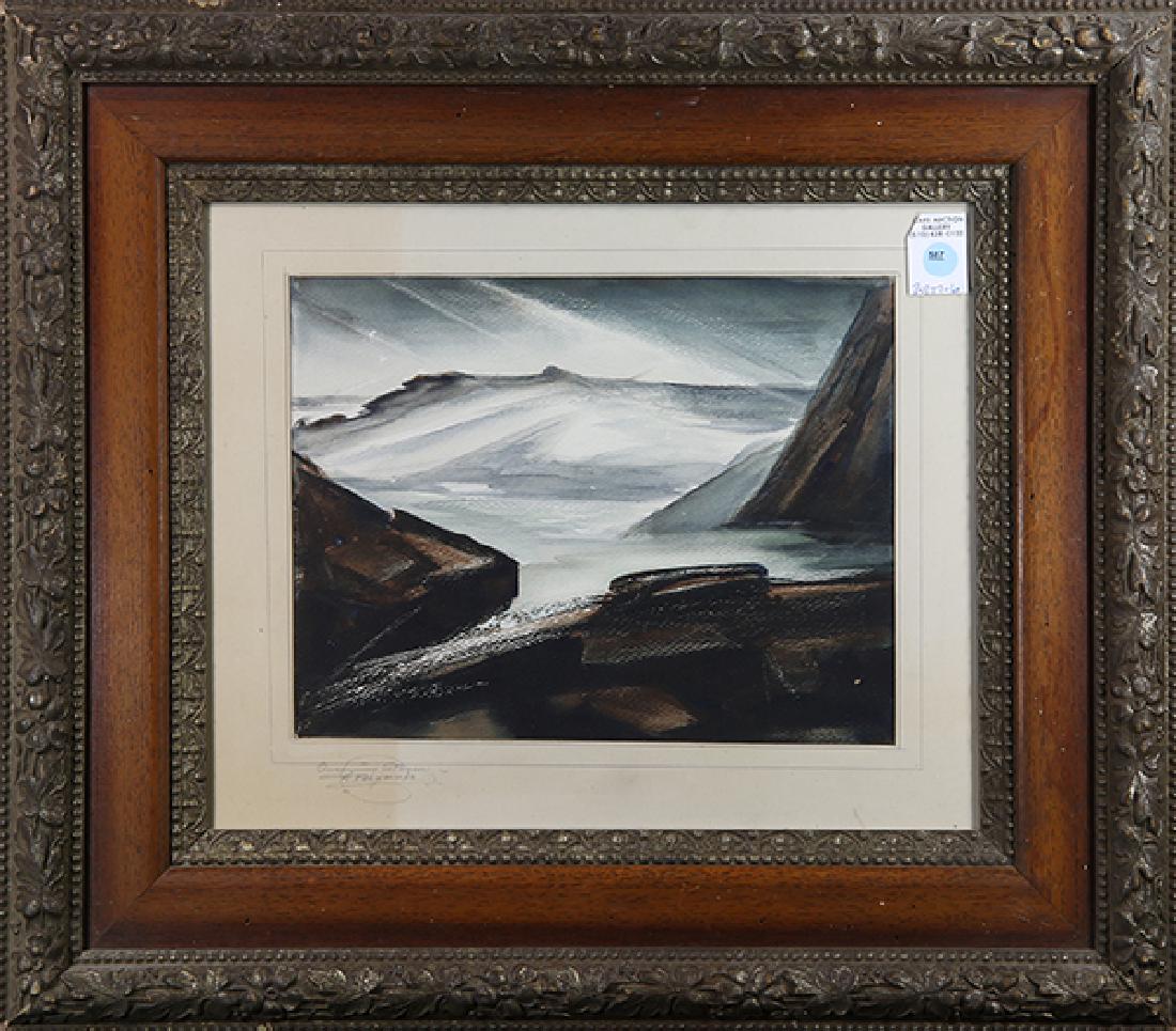 Watercolor, Oncoming Storm: American School (20th century) ""Oncoming Storm "" watercolor pencil signed indistinctly on mat lower left and titled overall (with frame): 22""h x 25.25""w