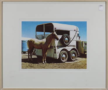 Print, Richard McLean: Richard McLean (American b. 1934) ""Horse and Trailer "" 1980 lithograph in colors pencil signed and dated lower right trial proof edition image: 14""h x 18.5""w overall (with frame): 26""h x 31""w