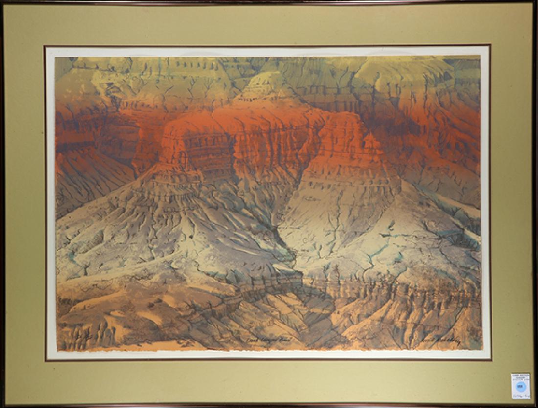 Print, Merrill Dean Mahaffey: Merrill Dean Mahaffey (American b. 1937) ""Grand Canyon Point "" lithograph in colors pencil signed lower right titled lower center edition 4/11 overall (with frame): 29""h x 37.5""w