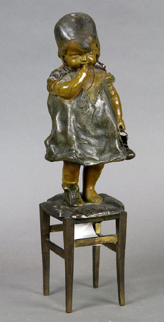 Bronze, Toddler on a Stool: Juan Clara (Spanish 1875-1958) Toddler on a Stool bronze sculpture unsigned overall: 13.5""h x 4""w x 4""d