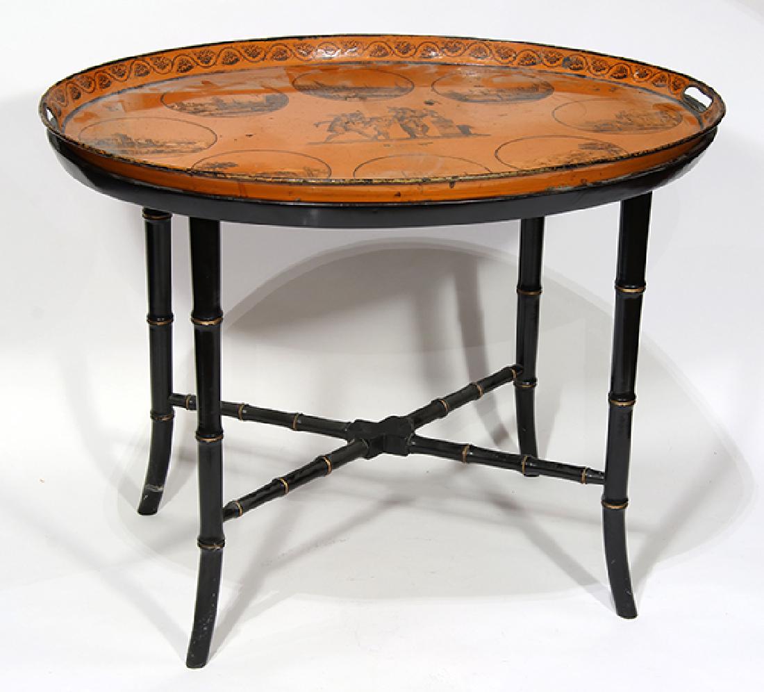 French painted metal tray on stand, the oval top with (1 of 2)