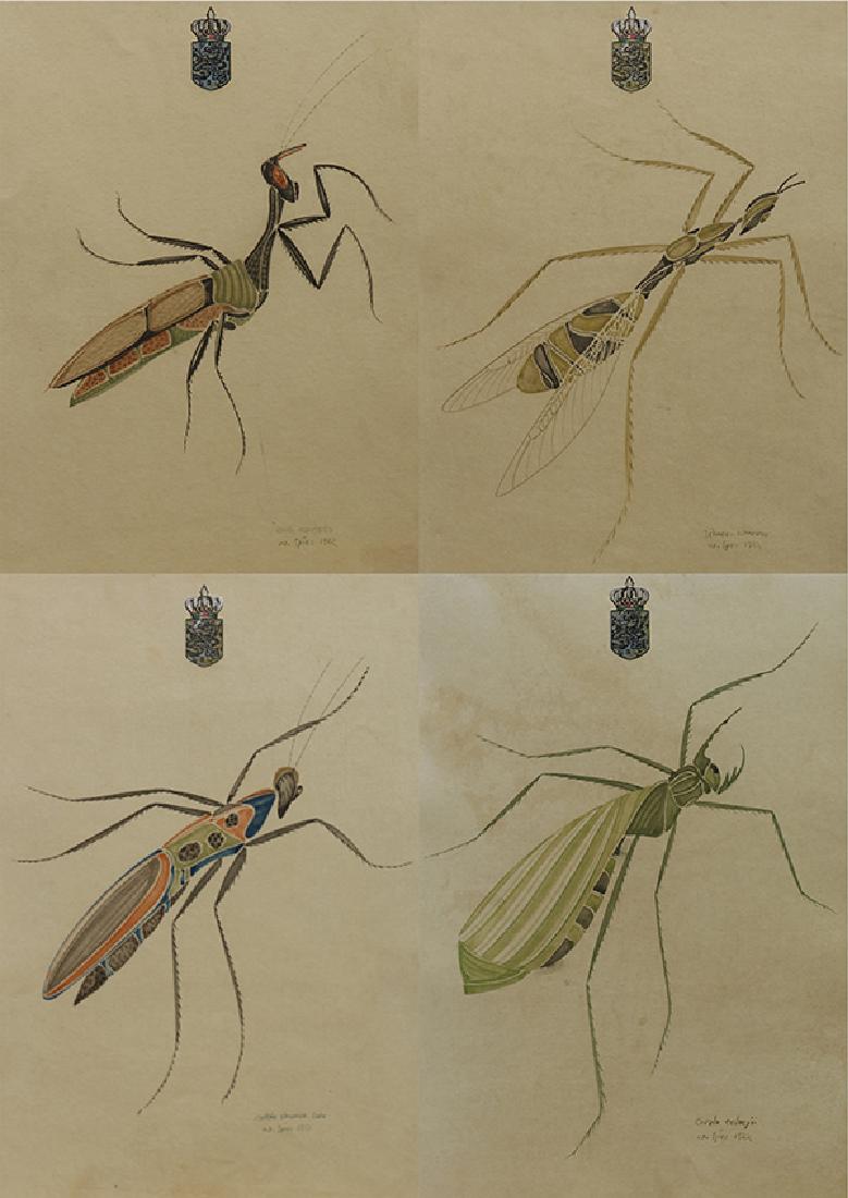 Drawings, Walter Spies: (lot of 4) Walter Spies (Russian/Indonesian 1895-1942) ""Ichneu-Ichneuno "" ""Landi Mantodo "" ""Mulit-Chromio Colo "" and ""Carolo Caloepii "" 1922 watercolors each signed titled and dated lower righ