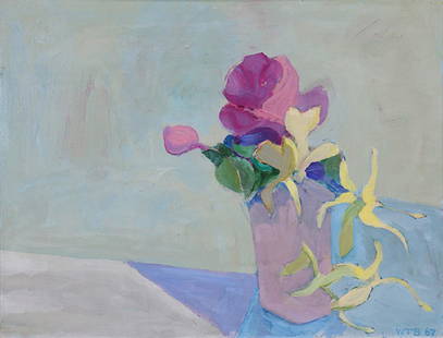 Painting, William Theophilus Brown: William Theophilus Brown (American 1919-2012) Still Life with Flowers 1967 oil on board initialed and dated lower right board: 12.5""h x 16""w overall (with frame): 13""h x 16.75""w