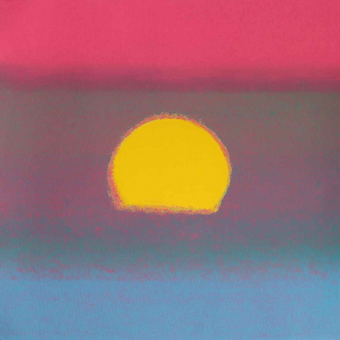 Print, Andy Warhol, Sunset: Andy Warhol (American 1928-1987) ""Sunset "" 1972 color silkscreen signed and dated in pencil verso edition 28/470 Hotel Marquette Prints stamp verso sheet (overall/unframed): 34""h x 34""w